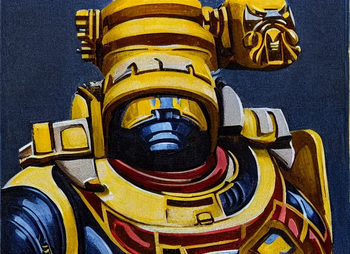 Prompt: Art Deco painting portrait of space-marine in Art Deco architecture style high detail warhammer 40k