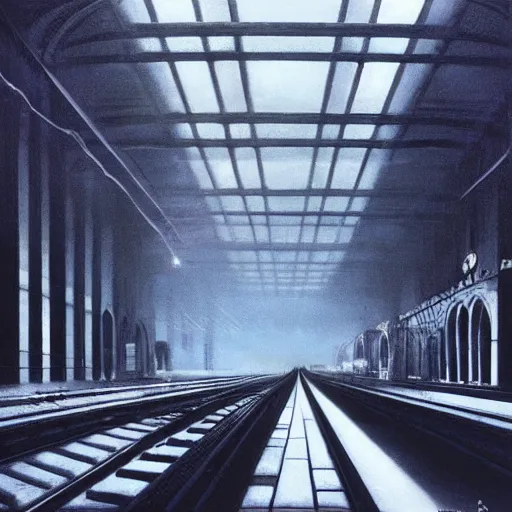 Image similar to and endless train station, it goes in forever, dreamscape surreal masterpiece. Zdzislaw, barlowe. 8k.