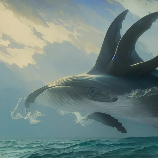 Prompt: Concept art, A whale swimming in the cloud, 8k, alphonse mucha, james gurney, greg rutkowski, john howe, artstation