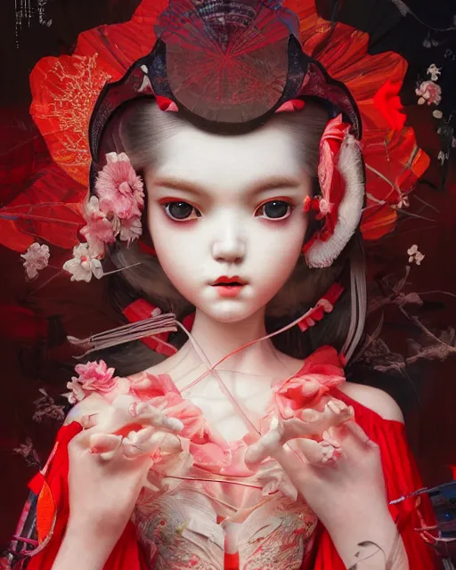 Image similar to detailed photo of pearl japanese doll, beautiful clothes, innocent, elegant red dress, 8 k, by tristan eaton, stanley artgermm, tom bagshaw, greg rutkowski, carne griffiths, trending on deviantart, hyper detailed, glorious lighting, epic environment