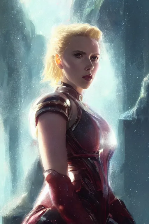 Image similar to a fancy portrait of Scarlett Johansson in crystal armour by Greg Rutkowski, Sung Choi, Mitchell Mohrhauser, Maciej Kuciara, Johnson Ting, Maxim Verehin, Peter Konig, final fantasy , mythical, 8k photorealistic, cinematic lighting, HD, high details, atmospheric,