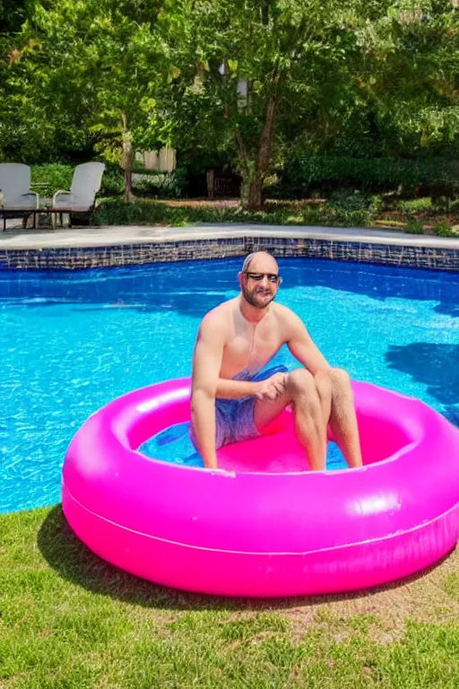 Image similar to man sitting in a pink kiddie pool, lawn flamingo, backyard, pool floaties