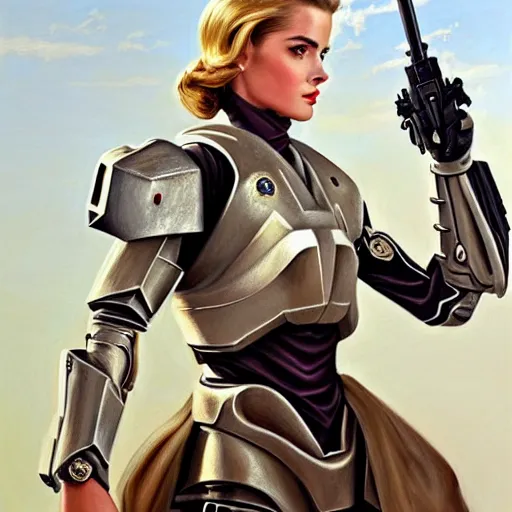 Image similar to A combination of Grace Kelly's and Emma Watson's and Ashley Greene's appearances with blonde hair wearing Master Chief's armor, full body portrait, western, D&D, fantasy, intricate, elegant, highly detailed, digital painting, artstation, concept art, matte, sharp focus, illustration, art by Donato Giancola and James Gurney