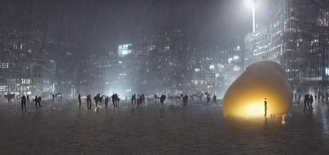 Image similar to policemen protect a huge spiral - shaped luminous object right in the center of the city from protesting crawd, night, rain and light fog, professional lighting, concept art in 3 d, high detail, professional lighting