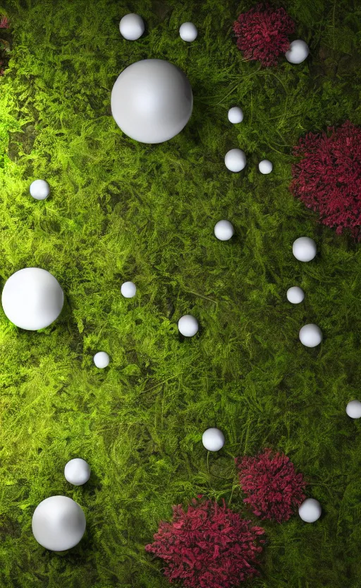 Image similar to view of the inside of a trash bag decorated with moss and flowers and illuminated by glowing orbs, octane render, abstract, unorthodox, 4k, desktop wallpaper, raytracing