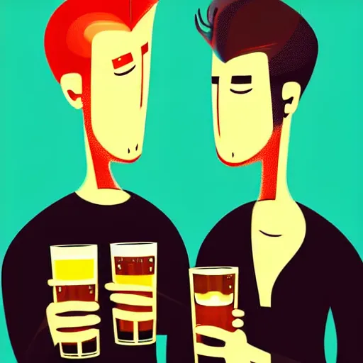 Image similar to two beautiful chad men drinking beers ((hearts)), friendship, love, sadness, dark ambiance, concept by Godfrey Blow, featured on deviantart, drawing, sots art, lyco art, artwork, photoillustration, poster art