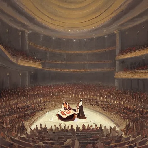 Prompt: painting by greg rutkowski, interior of an opera house with a singer in a white dress on a lighted stage with an orchestra and audience in the hall