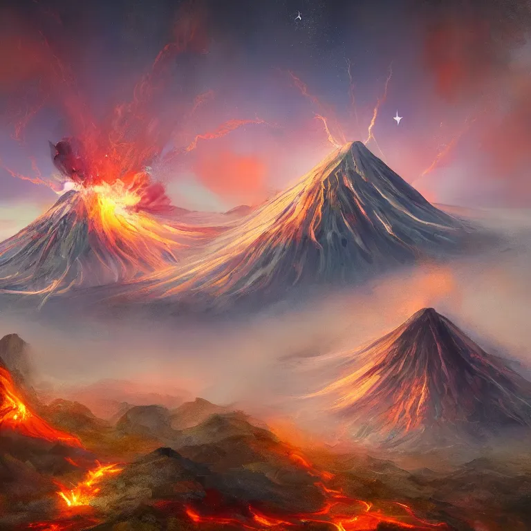 Image similar to a painting of a volcano from which come out flowers and stars exotic plants, all this happens in some kind of fantasy world, almost like in the sky or all in the amazing outdoors view, long exposure, 8 k resolution, trending on artstation