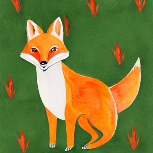 Image similar to a smug red fox in front of a hen house, watercolor illustration,