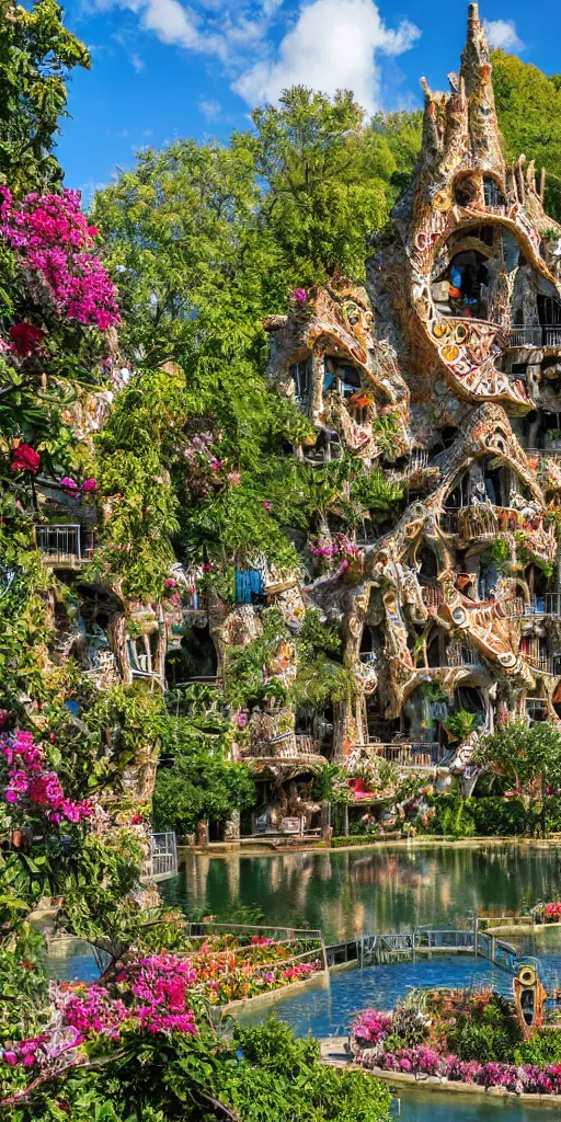 Image similar to valley village on the lake, waterfalls, flowers and intricate detailed visionary architecture and gardens by antoni gaudi, john stephens, alex gray