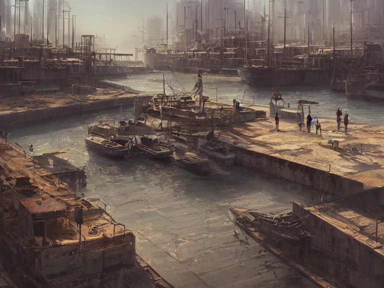 Prompt: a harbor with a concrete dock and a storage facility, summer season, very hot, dry desert, architecture, a realistic digital painting by greg rutkowski and james gurney, trending on artstation, highly detailed