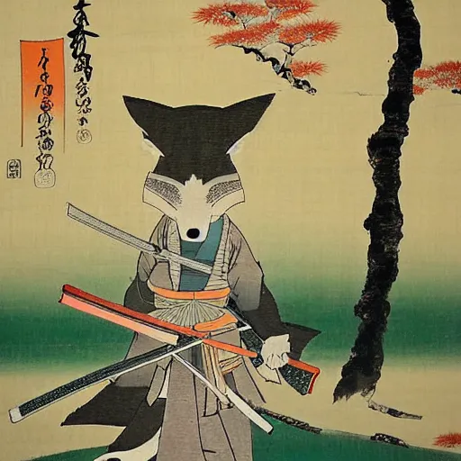 Image similar to samurai fox with a katana. sakura forest in the background. old japanese painting. fresco