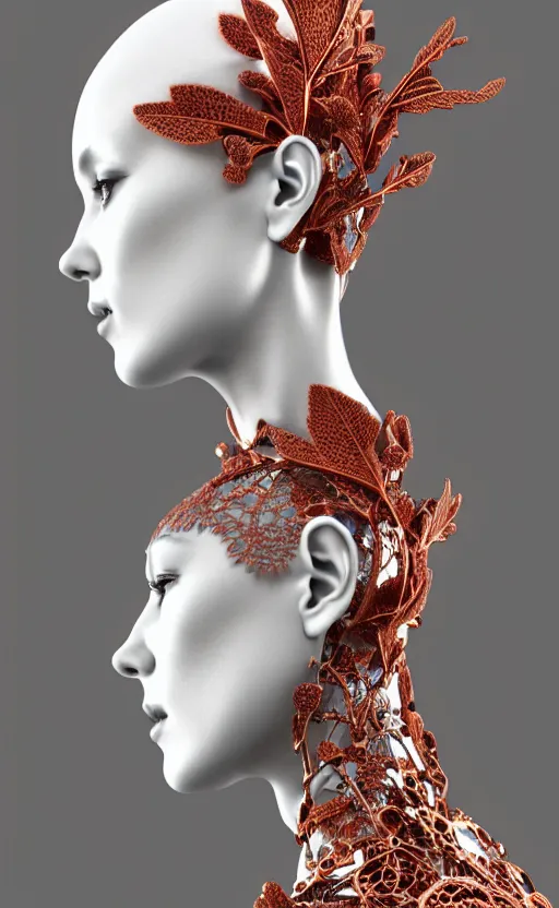 Image similar to complex 3d render ultra detailed of a beautiful porcelain profile woman face, mechanical cyborg, 150 mm, beautiful 3 point lighting, rim light, silver gold red details, luxurious magnolia with leaves and stems, roots, Alexander Mcqueen haute couture, fine foliage lace, mesh wire, filigran intricate details, hyperrealistic, mandelbrot fractal, anatomical, robotic parts, facial muscles, cable electric wires, microchip, elegant, octane render, 8k post-processing