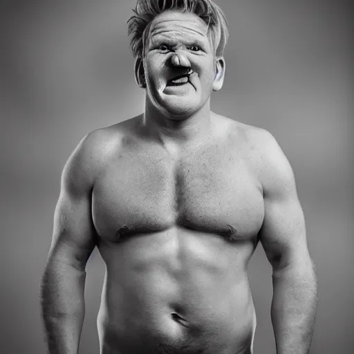 Image similar to full Portrait photography of someone who has the face of Gordon Ramsay, the body of an orc, ogre body