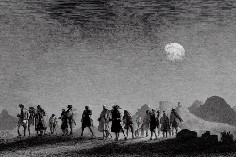 Prompt: group of pilgrims walking through the desert with the moon on the horizon, in the style of samuel prout