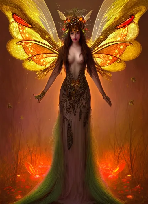 Image similar to stunningly beautiful female faerie priestess in amanita muscaria forest landscape, symmetrical wings on back, neon hair, fantasy art, wearing a dress of gossamer gold, inner glow, illustration, dramatic lighting, soft details, painting, art nouveau, octane render, 8 k, hd, by edmund blair leighton, brom, charlie bowater, faces by otto schmidt