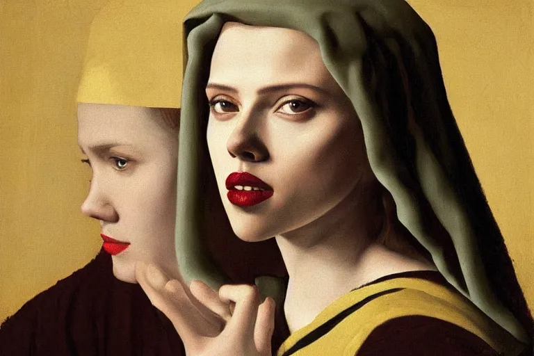 Prompt: portrait of scarlett johansson painted by vermeer