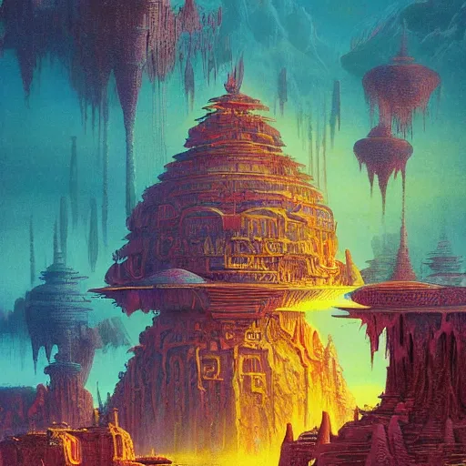 Image similar to a temple on a strange planet, by bruce pennington,, by kilian eng, by sam freio, by thomas rome, by victor mosquera, juxtapoz, behance, dayglo, prismatic