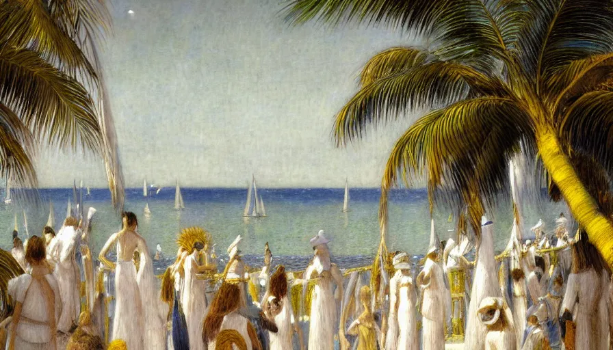 Image similar to a ultradetailed beautiful painting of the night sky of the amazonas golden white palace balustrade designed by jules bastien - lepage, tarsila do amaral, frank weston and gustave baumann, beach, trending on artstation, mediterranean, palm trees, sharp focus, sail boats, soft light, 8 k 4 k