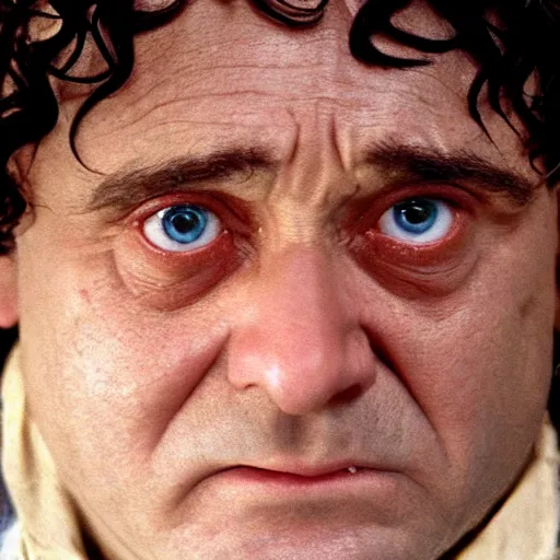 Prompt: the lord of the ring stills face closeup Frodo Baggins played by Danny DeVito directed by peter jackson