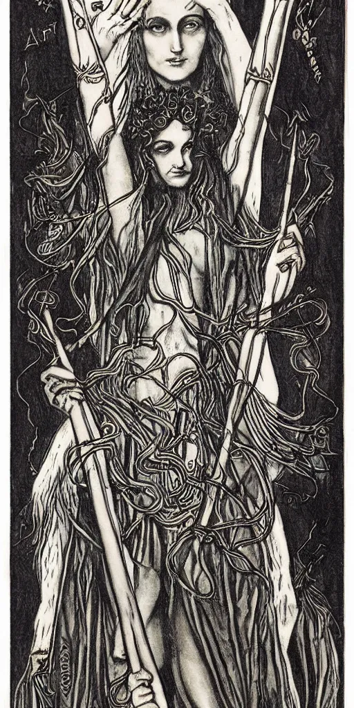 Prompt: queen of wands tarot card by austin osman spare