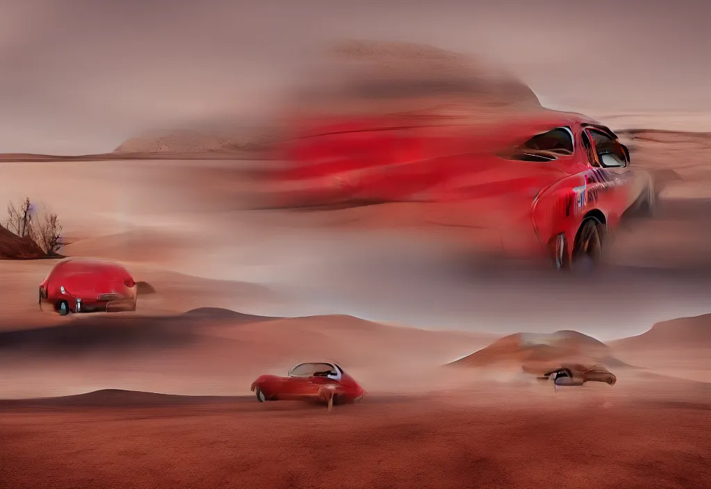 Image similar to “a red porsche 356 is parked in the middle of the desert, a matte painting by Scarlett Hooft Graafland, featured on unsplash, australian tonalism, anamorphic lens flare, cinematic lighting, rendered in unreal engine”