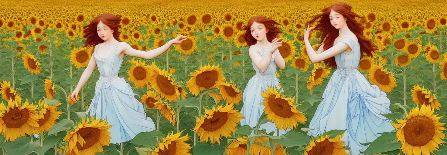 Image similar to beautiful young girl dancing in a fiery dress in a beautiful field of sunflowers and lilies, like leonardo da vinci sketches! in the style of studio ghibli, j. c. leyendecker, greg rutkowski, artgerm