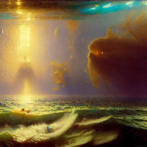 Image similar to point of view of deep in the ocean looking up, you see fishes, higher the milk way, night time, midnight. highly detailed painting by gaston bussiere, greg rutkowski 8 k