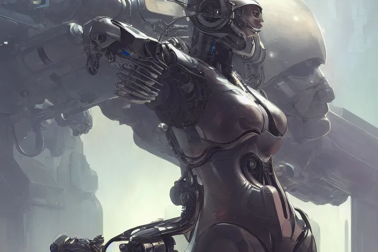 Image similar to Ultra realistic illustration,beautiful cyborg woman riding on a large combat robot,cyberpunk,sci-fi, fantasy, intricate, elegant, highly detailed, digital painting, artstation, concept art, smooth, sharp focus, illustration, art by artgerm and greg rutkowski and alphonse mucha