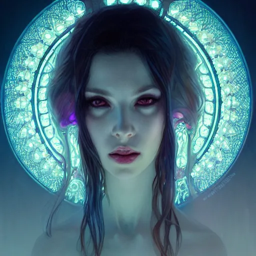 Prompt: Portrait of beautiful pale demonic girl, neon lighting, intricate, elegant, highly detailed, digital painting, artstation, smooth, sharp focus, illustration, art by artgerm and greg rutkowski and alphonse mucha