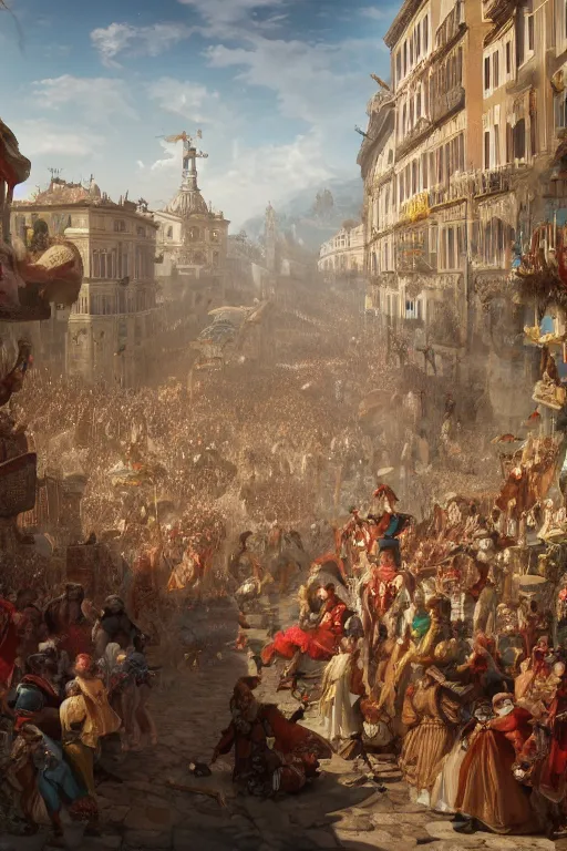 Prompt: Goethe in crowded streets, carnival Rome in 1789, matte painting, concept art, , octane render, trending on artstation, artstationHD, artstationHQ, unreal engine, 4k, 8k