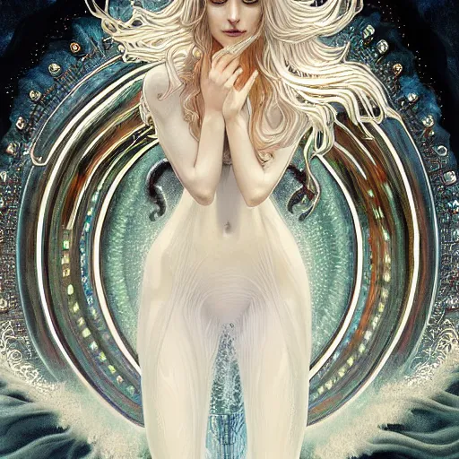 Prompt: a photograpic portrait of a anthropomorphic bioluminescent water wave wearing white clothes, fantasy, intricate, elegant, highly detailed, digital painting, artstation, concept art, smooth, sharp focus, illustration, art by artgerm and h r giger and alphonse mucha