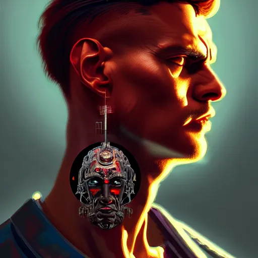 Prompt: man with extremely large and intricate haircut with angry red eyes and slim features looking askance, eye cyberpunk bionics, retro futurist style, intricate, elegant gleaming intricate baroque jewelry, angelic halo, highly detailed, digital painting, artstation, concept art, smooth, sharp focus, illustration, art by wlop, mars ravelo and greg rutkowski,