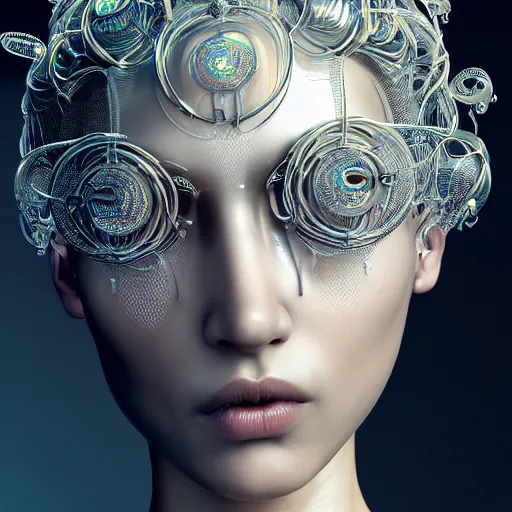 Image similar to closeup portrait of an absurdly beautiful, graceful, sophisticated, fashionable cyberpunk mechanoid gravure idol, an ultrafine hyperdetailed illustration by irakli nadar, matt wisniewski style, intricate linework, porcelain skin, iridescent jellyfish headdress, fractal ivory carved ruff, unreal engine 5 highly rendered, global illumination, radiant light, detailed and intricate environment