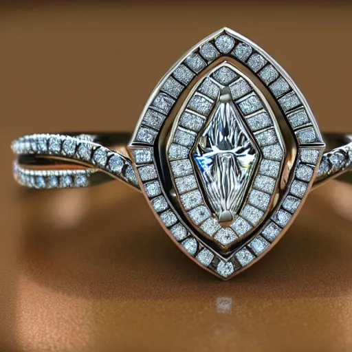 Image similar to photo of engagement ring with two diamonds outside and one in the middle, realistic, hyper detailed, concept art, victorian, multiple angles