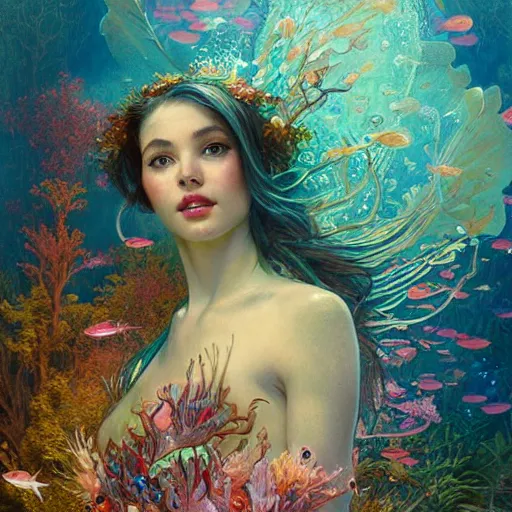 Image similar to portrait of a beautiful fairy woman, submerged underwater filled with colorful small fish and coral reef, fantasy, regal, intricate, by stanley artgerm lau, greg rutkowski, thomas kindkade, alphonse mucha, loish, norman rockwell