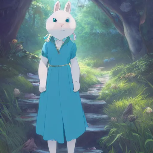 Image similar to concept art painting of a chubby white rabbit wearing a turquoise dress, in the deep forest, realistic, detailed, cel shaded, in the style of makoto shinkai and greg rutkowski and james gurney