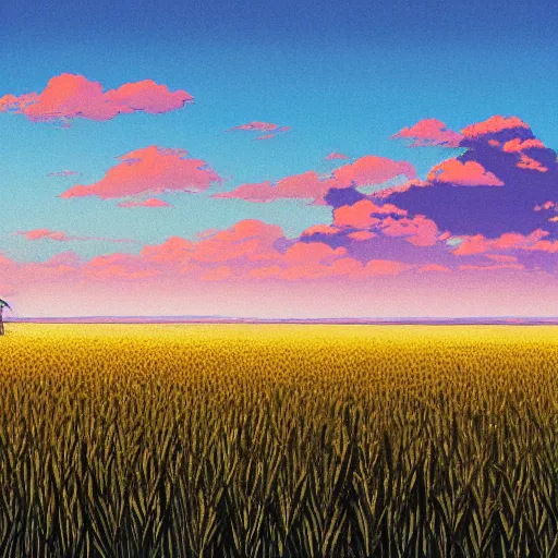 Image similar to sharp focus, breath taking beautiful, Aesthetically pleasing, gouache field of grain at golden hour, digital concept art background by Hayao Miyazaki and Studio Ghibli, fine art, official media, high definition, illustration, ambient lighting, HDR, HD, 8K, award winning, trending, featured, masterful, dynamic, energetic, lively, elegant, intricate, complex, highly detailed, Richly textured, Rich vivid Color, masterpiece.