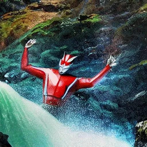 Prompt: a realistic photo of an ultraman swimming in a waterfall in the mountain