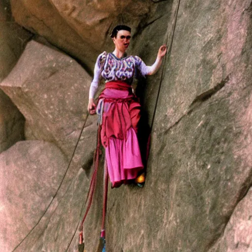 Image similar to Frida Kahlo rock climbing wearing a princess dress