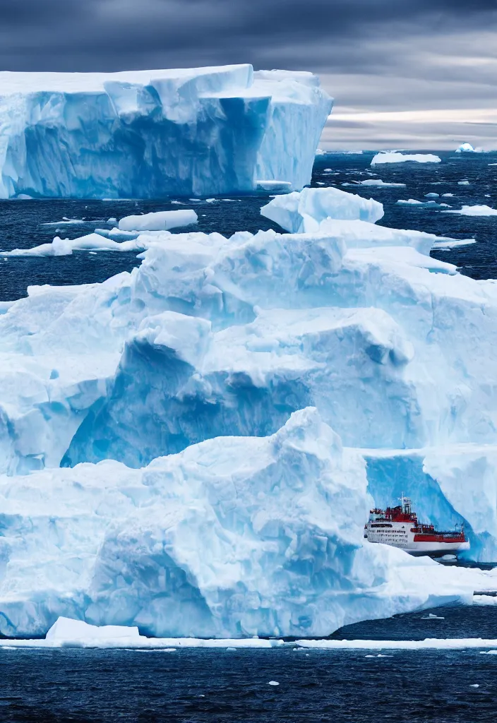 Prompt: ship being persecuted by a police ship over raging turbulent waters in antartica, icebergs in the background, hyper realistic, highly detailed, apocalyptic, intimidating lighting, raytracing, sharp focus, smooth, dramatic action scene