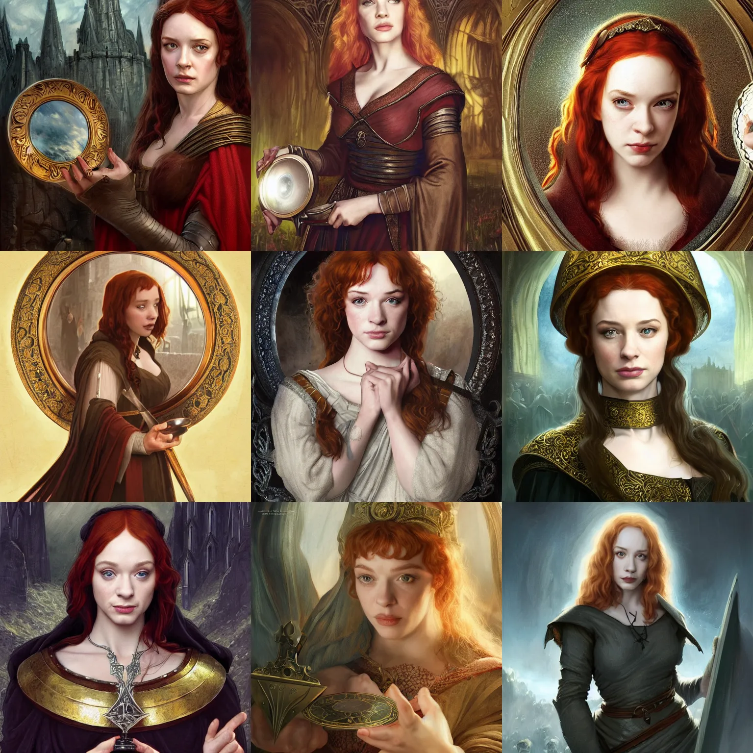 Prompt: shocked young medieval christina hendricks, holding a small round mirror, shocked expression on her face, she is shocked, warhammer, lord of the rings, intricate, highly detailed, digital painting, artstation, concept art, smooth, sharp focus, illustration, unreal engine 5, 8 k, art by artgerm and greg rutkowski and alphonse mucha