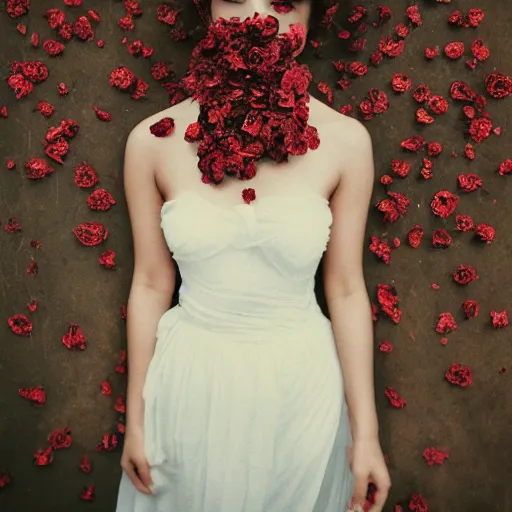 Image similar to full body fine art photo of the most beautiful woman, she is covered with dried roses, taken by oleg oprisco