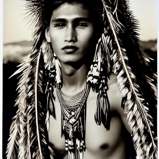 Image similar to a beautiful professional photograph by hamir sardar, herb ritts and ellen von unwerh for the cover of vogue magazine of an unusually handsome native male yanomami female fashion model looking at the camera in a flirtatious way, leica 5 0 mm f 1. 8 lens