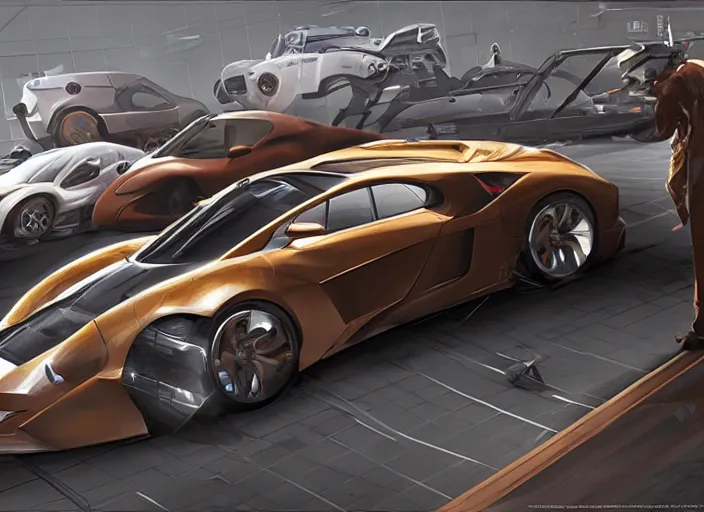 Image similar to combine some random sport cars as one with bronze paint, in a clean engineering sci - fi workshop, concept art style by pablo carpio. global illumination. full view.