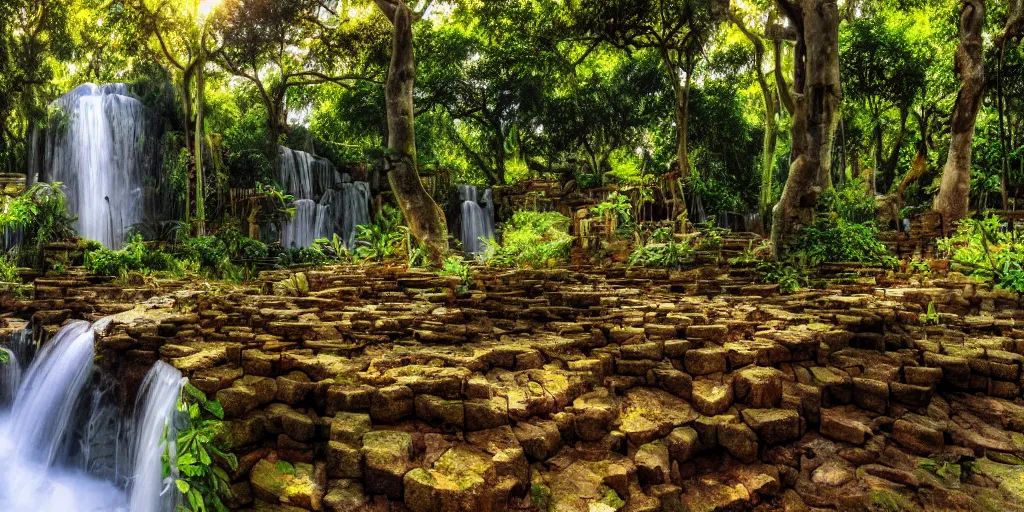 Image similar to ancient forest stone brick temple with a waterfall and colorful tropic mango trees, banana trees, orange trees, papaya trees, sunset, high definition, high detail, photorealisitc, 8k,