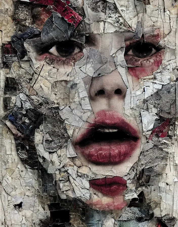 Prompt: embracing melancholic detailed analogue mixed media collage with canvas texture in style of contemporary art, punk art, hyperrealistic beautiful face, photorealistic, expressionism, masterpiece, perfect composition, spectacular quality torn paper, intricate oil details, broken glass