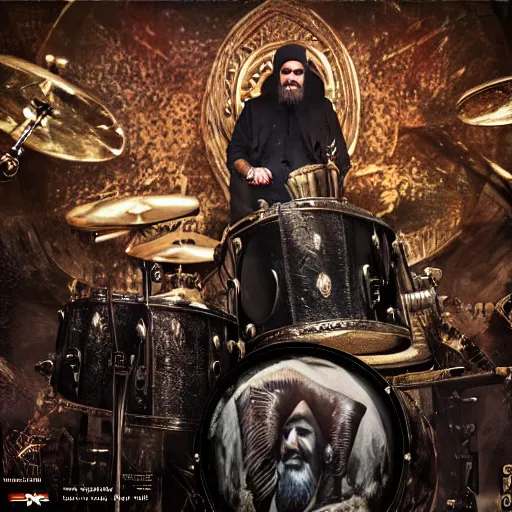 Image similar to khomeini playing drums in heavy metal band in heaven, high definition, trending on artstation, unreal engine, photorealistic, high resolution,, trending on deviantart, hdr, hyper detailed, insane details, intricate, elite, ornate, elegant, luxury, dramatic lighting