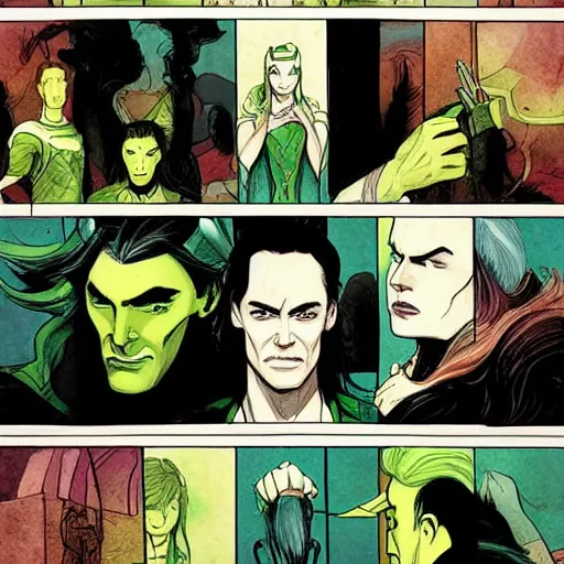 Prompt: The artwork for a graphic novel, Loki, the god of mischief, in a variety of emotional states. Lee Garbett, 2015. illustration, wonderfully detailed, each expression on face is well captured.