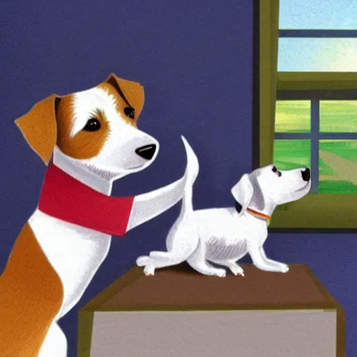 Image similar to a parson russell terrier jumping onto furniture, children's illustration